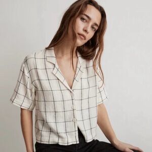 Madewell Windowpane Linen Blend Crop Resort Shirt Sz XL Antique Cream